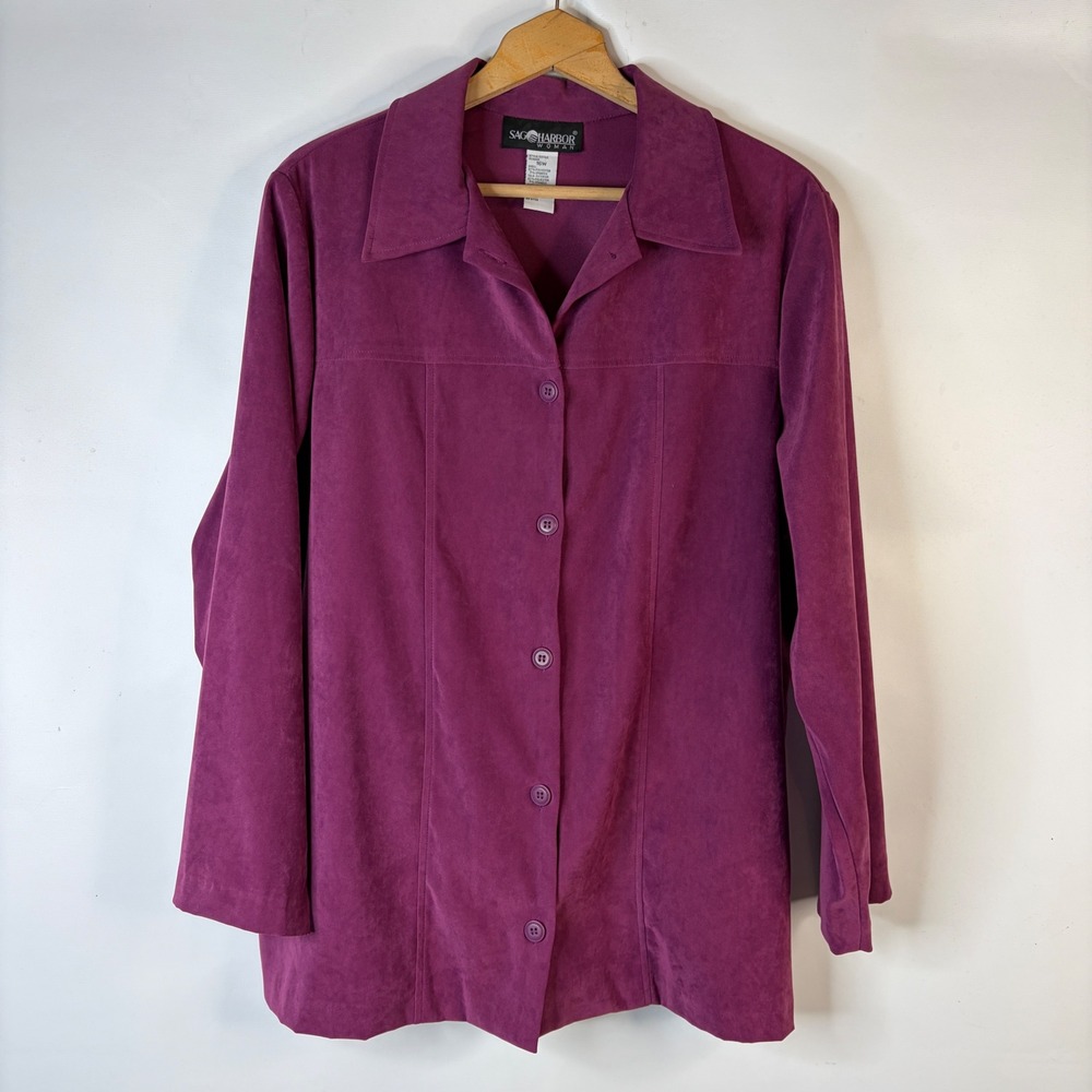 Sag Harbor Woman Jacket Women 16W Purple Faux Suede Button Front Collared Plum